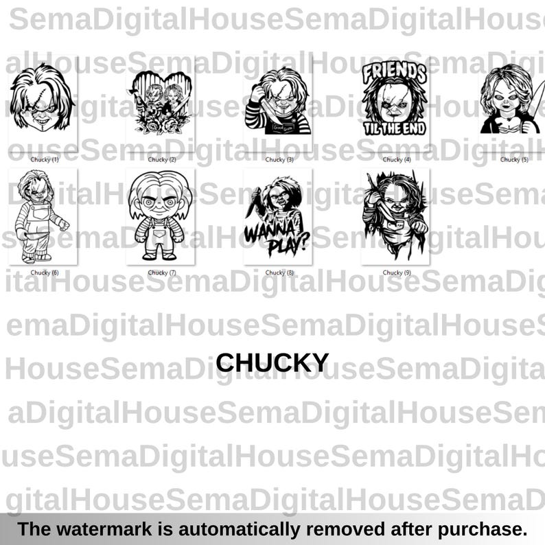 K&ouml;nnte beinhalten: Sammlung von schwarz-wei&szlig;en Chucky-Grafiken. Enth&auml;lt verschiedene Bilder der Figur, einige mit Text wie "FRIENDS TIL THE END" und "WANNA PLAY?" Das Wort "CHUCKY" ist ebenfalls abgebildet.