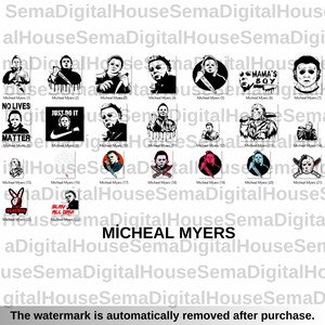 K&ouml;nnte beinhalten: Eine Sammlung von schwarz-wei&szlig;en Grafiken zum Thema Michael Myers. Die Bilder zeigen verschiedene Darstellungen der Figur, einige mit Text wie "NO LIVES MATTER" und "JUST DO IT". Der Text "MICHEAL MYERS" ist ebenfalls vorhanden.