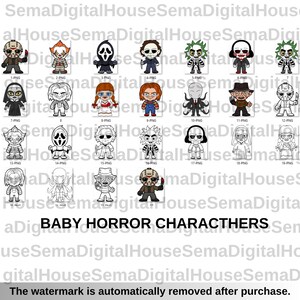 K&ouml;nnte beinhalten: Eine Sammlung von Cartoon-Illustrationen von Baby-Horror-Charakteren, darunter Jason Voorhees, Pennywise und Freddy Krueger. Der Text "BABY HORROR CHARACTHERS" ist unter den Bildern zu sehen.