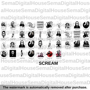 K&ouml;nnte beinhalten: Eine Sammlung von 37 schwarz-wei&szlig;en Grafiken zum Thema Scream. Die Designs umfassen die ikonische Ghostface-Maske, Messer und Texte wie "Horror Movie Addict" und "Call Me". Das Wort "SCREAM" wird ebenfalls angezeigt.