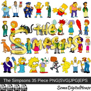 Pode incluir: Um conjunto de 35 imagens de clipart digital com personagens do programa de televisão animado Os Simpsons. Os personagens são representados em várias poses e expressões, incluindo Homer, Marge, Bart, Lisa, Maggie e outros. As imagens estão em formatos PNG, SVG, JPG e EPS.
