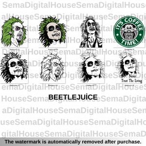 K&ouml;nnte beinhalten: Sammlung von Grafiken zum Thema Beetlejuice. Enth&auml;lt verschiedene Illustrationen der Figur, einige in Farbe und andere in Schwarzwei&szlig;. Ein Design zeigt eine Parodie eines Kaffeehaus-Logos mit dem Text "It's Coffee Time!"