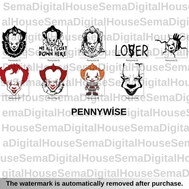 K&ouml;nnte beinhalten: Sammlung von Pennywise-Designs in Schwarzwei&szlig; und Farbe. Die Designs enthalten das Wort "LOSER", den Satz "WE ALL FLOAT DOWN HERE" und den Namen "PENNYWISE".