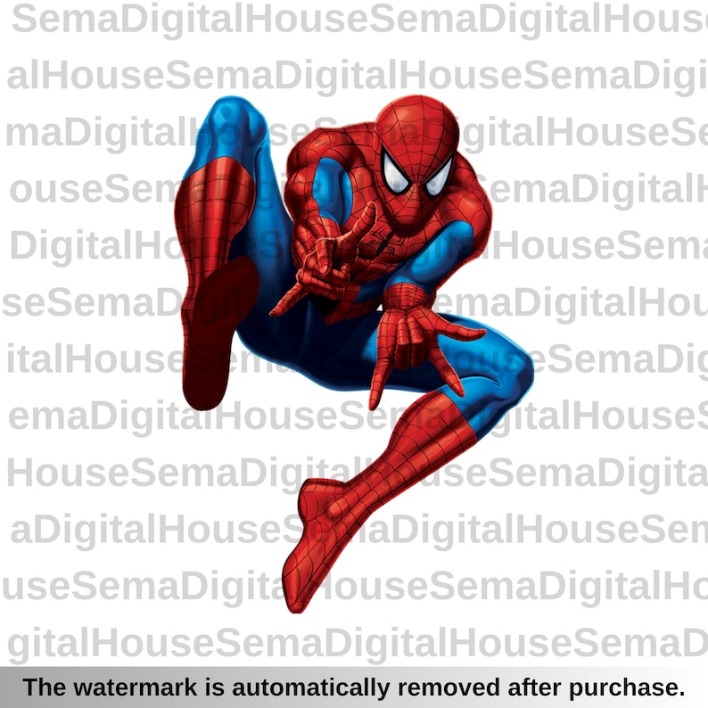May include: A red and blue superhero, Spiderman, is in mid-air with his arms outstretched. He is wearing a red and blue suit with a spider logo on his chest. The background is white.