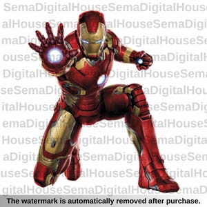 May include: A digital illustration of Iron Man in a dynamic pose, kneeling with one arm extended, palm open, and a glowing blue energy beam emanating from it. The suit is primarily red and gold.