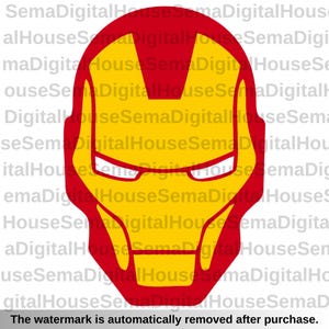May include: A yellow and red graphic of a superhero mask. The mask has a yellow face with red outlines and details, including eye slits and a chin. The text at the bottom says, "The watermark is automatically removed after purchase."