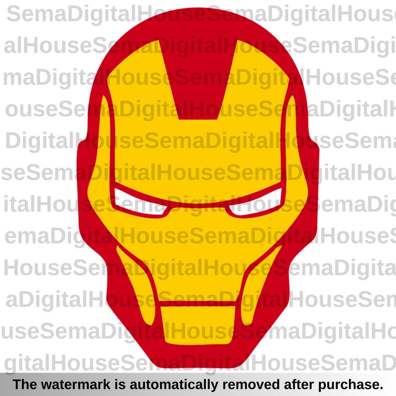 May include: A yellow and red graphic of a superhero mask. The mask has a yellow face with red outlines and details, including eye slits and a chin. The text at the bottom says, "The watermark is automatically removed after purchase."