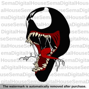 May include: A black and red cartoon illustration of a character with a large mouth and sharp teeth. The character has a white face and a black body. The character's mouth is open wide, revealing a red tongue and sharp teeth.