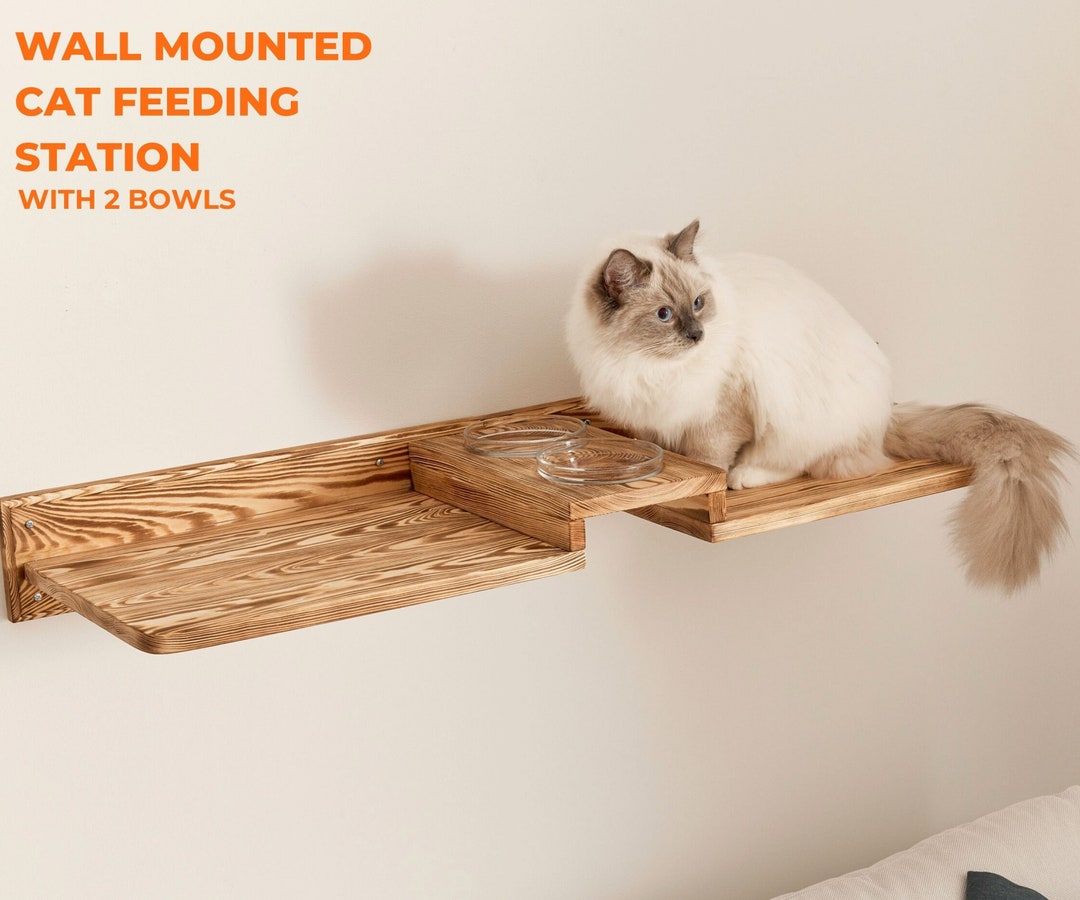 Wall Mounted Cat Feeder Shelves Floating Food Stand Wood Cat Etsy