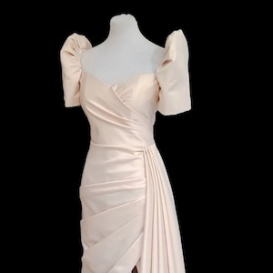 Modern Filipiniana Gown with slit duchess fabric | Beige, black and white in color