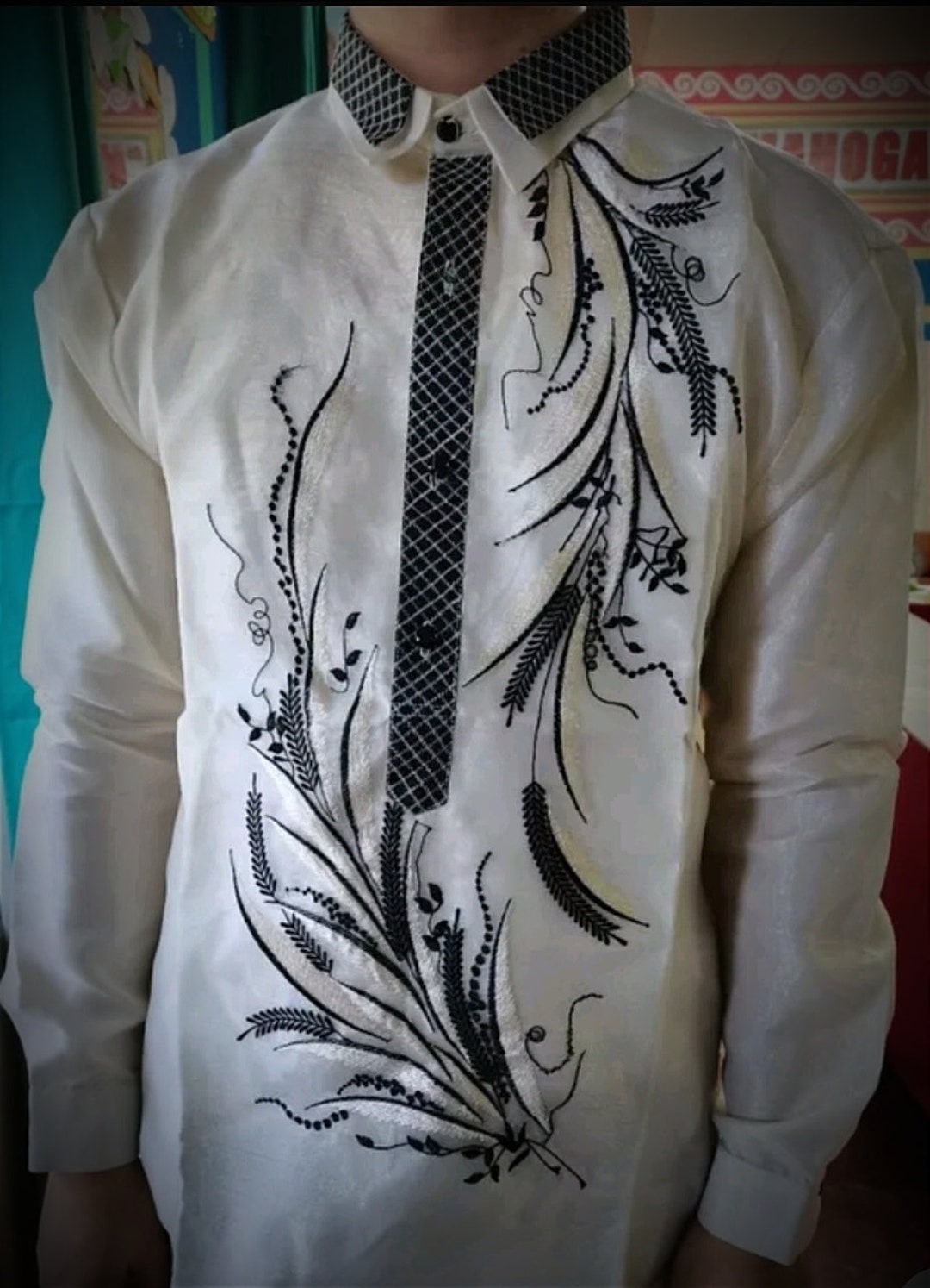 Barong Tagalog With Black Embroidery Design double Collar Etsy