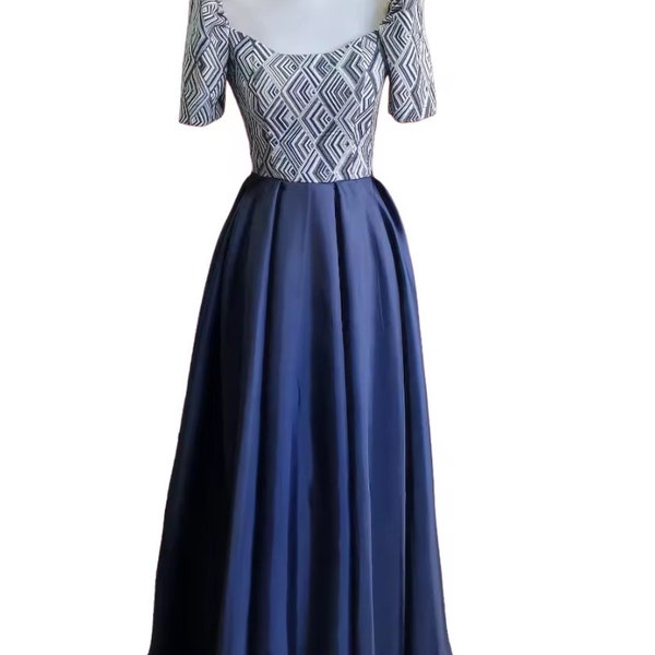 Modern Ethnic Filipiniana Gown Navy blue and Black in color | Premium Ethnic and Satin Materials