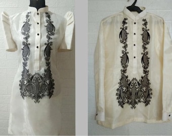 Barong Tagalog and Filipiniana dress for Men and women| Couple Barong and Filipiniana | Black embroidery in piña organza silk | Philippines