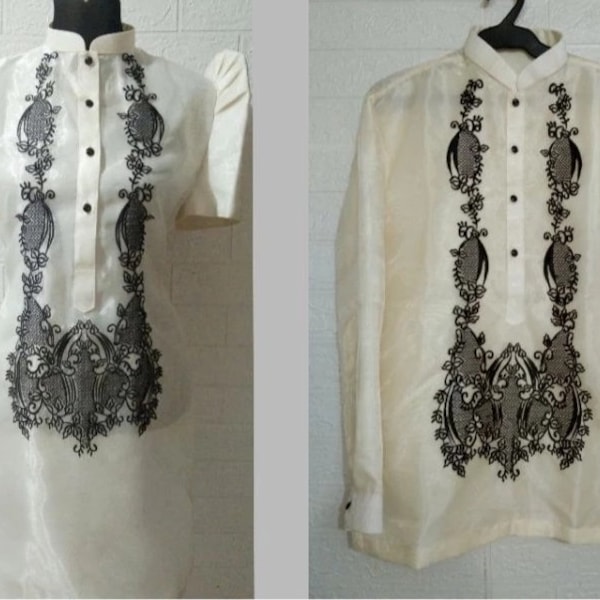 Barong Tagalog and Filipiniana dress for Men and women| Couple Barong and Filipiniana | Black embroidery in piña organza silk | Philippines