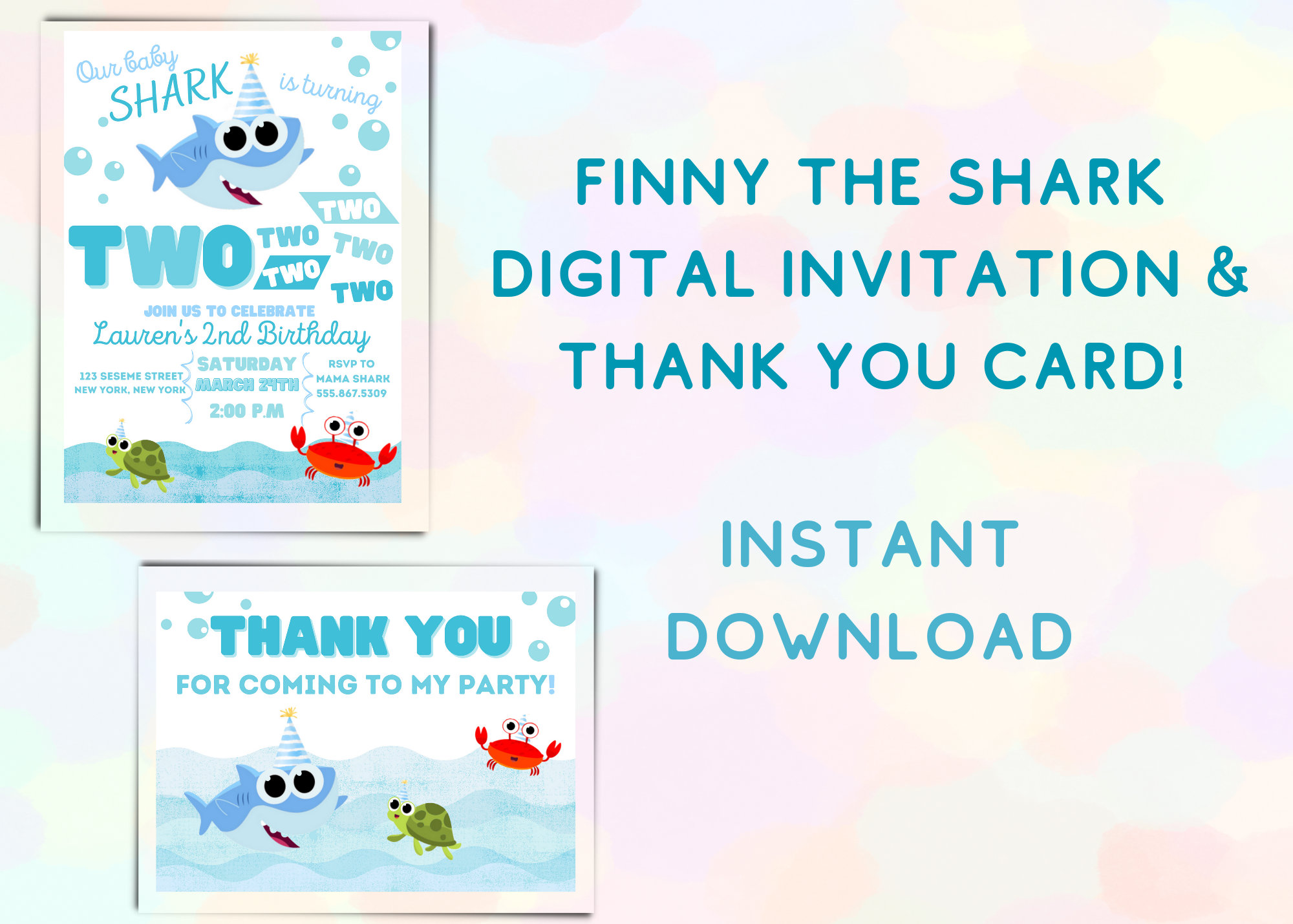 Finny the Shark Second Birthday Customized Invitation Bundle 5x7