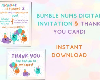 Paquete de invitación personalizada para cumpleaños con temática de Bumble Nums, 5 x 7, Bumble Nums, segundo cumpleaños, descarga instantánea, paquete, PDF, invitación para fiesta