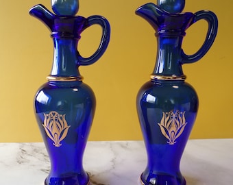 Zabytkowa butelka Avon Cobalt Glass Cruet, korek z dmuchanego szkła, butelka kolekcjonerska