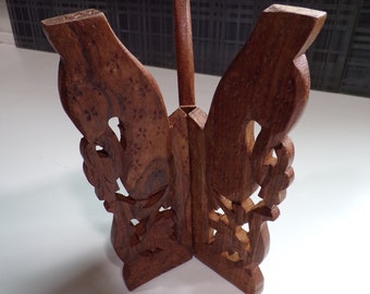 Vintage Handcarved Wooden Plant Stand, Trifold Peacock Carving, Indonesian Decor