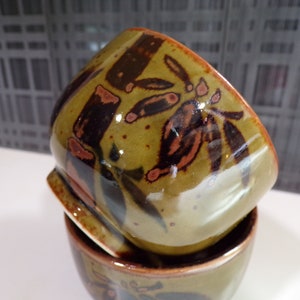 Vintage Japanese Set of Two Ceramic Chawan, Tea Cups, Matcha Bowls, Green Bamboo Design, Glass Oribe, Karatsu Ware, Made in Kyoto Japan