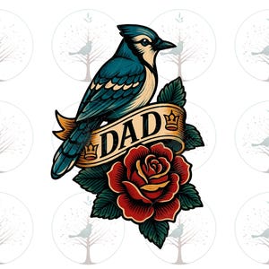Tatuaje de arrendajo azul para papá, ilustración vintage de homenaje a un padre, clipart de rosa de la vieja escuela, diseño digital de estilo americano audaz, diseño para el Día del Padre