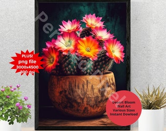 Blooming Cactus Art Print, Retro Botanical Decor (PDF, PNG)