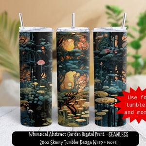 May include: A seamless digital print design featuring a whimsical abstract garden with a dark blue, green, and gold color scheme. The design is perfect for 20oz skinny tumblers and other projects.