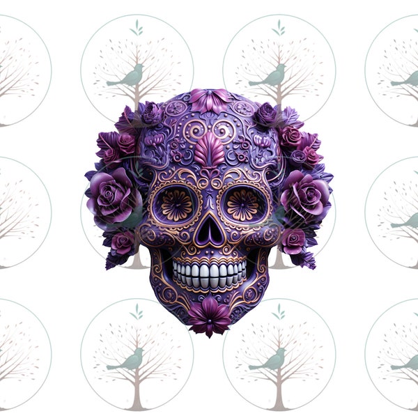 Purple Sugar Skull, Flowers, Sublimation File, Calavera, Day of the Dead Clipart, Mexican Folk Art, Tumbler Wrap, Scrapbooking, Instant PNG