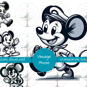 Conjunto de imágenes prediseñadas de ratón vintage, blanco y negro, dibujo animado atemporal, estilo retro, inspirado en el barco de vapor Willie, arte digital, archivos PNG