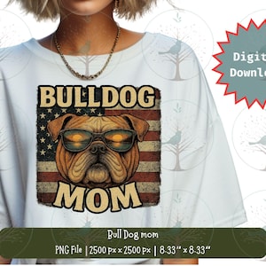 Bulldog moeder png, patriottische hond clipart met zonnebril, vlag, vintage bulldog kunst, Moederdag, Fourth of July VS huisdierenliefhebber, sublimatie