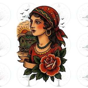 Styl tatuażu w stylu vintage cygańskim z różą, zachód słońca, karawana, odważna tradycyjna sztuka PNG, retro boho clipart do dekoracji rzemieślniczych, styl ludowy PNG