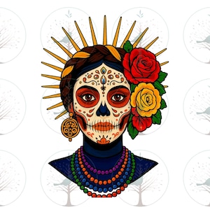 Dia De Los Muertos PNG, Sugar Skull Face Illustration, Mexican Pop Art, Folk Flash Art Tattoo, Halloween Print, Golden Halo, Frida Inspired