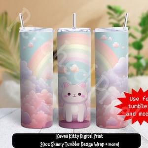 Pink Kawaii Rainbow Kitty, 20 oz Skinny Straight Tumbler Sublimation Design Wrap, Digital Background, Wall Decor, Instant ClipArt, PNG, JPG
