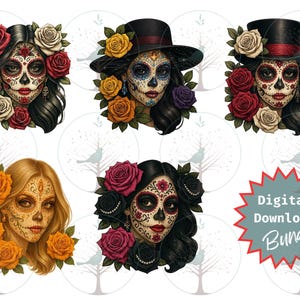 Day Of The Dead Woman Clipart Bundle, Sugar Skull Face With Roses PNG, Dia De Los Muertos Art, Dark Floral Skulls, Calavera, Mexican Pop Art