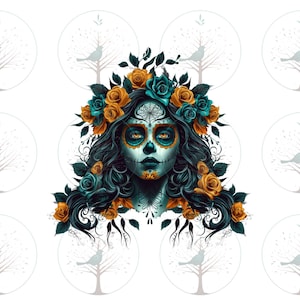 Goth Dia De Los Muertos PNG, Orange Teal Rosen, Tag der Toten Clipart, Zuckerschädel, Junk Journal, Calavera, Halloween Instant PNG digitale Datei