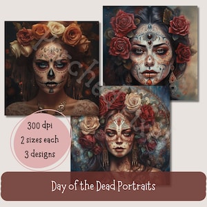Day of the Dead Portraits of Women with Painted Sugar Skull Faces, Clipart, Large Digital Art Download, AI Generated, 2 Sizes, Printable