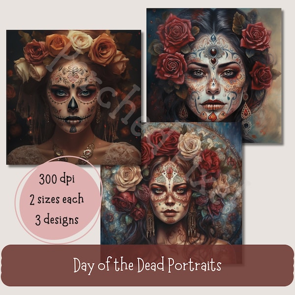 Day of the Dead Portraits of Women with Painted Sugar Skull Faces, Clipart, Large Digital Art Download, AI Generated, 2 Sizes, Printable