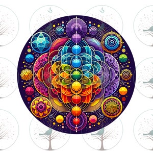 Op de afbeelding: Een kleurrijk mandala-ontwerp met een regenboogkleurenschema. De mandala is omgeven door kleinere cirkels en geometrische vormen. De achtergrond is donkerblauw.