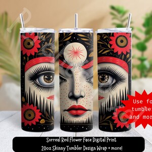 Mystical Folk Art Face PNG, Surreal Moon Goddess Illustration, Boho Visionary Art Print, Red Floral Eyes Art, Unique Psychedelic Decor