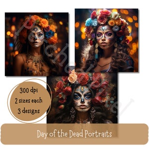 Day of the Dead Portraits of Women, Painted Sugar Skull Faces, Clipart, Large Digital Art Download, Art, AI Generated, 2 Sizes, Printable