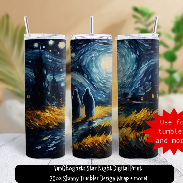 Starry Night Ghosts 20oz Sublimation Tumbler Wrap, Straight Skinny, Realistic Painting, Halloween Multi Use, Instant Download PNG, JPG