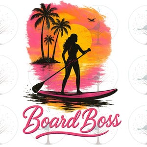 Board Boss Paddle Board Art pour femme, conception de fille de SUP coucher de soleil tropical, Art de plage pour les amateurs de paddle board, rivière, fans de sport océan, fichier PNG