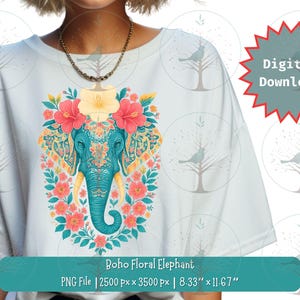 Elefante floral bohemio PNG, clipart de elefante verde azulado con flores de hibisco, arte animal bohemio, decoración exótica de la selva, diseño gráfico de sublimación
