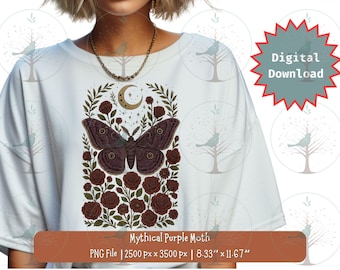 Mariposa roxa mística com lua crescente, decoração gótica floral de rosa vermelha, PNG de bruxa celestial, clipart boho de natureza escura, download instantâneo