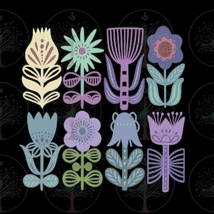 Grillige volkskunst paarse bloemen, handgetekende boho bloemen PNG, pastel Scandinavische botanische illustraties, lente, schattige natuurafbeeldingen,
