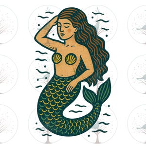 May include: Illustration of a mermaid with long brown hair, wearing a seashell top and a green scaled tail. The mermaid is touching her forehead with her hand. The background has water waves and small circles with trees and birds.