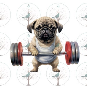 Süßer starker Mops hebt Gewichte, T-Shirt Sublimationsdatei, Hundepapa, Scrapbooking Clipart, Ausarbeiten, Fitness, Instant PNG digitale Datei