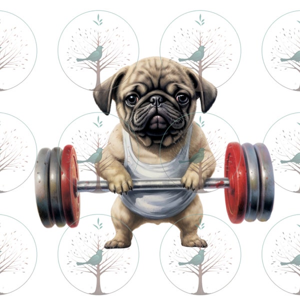 Cute Strong Pug Lifting Weights, T-Shirt Sublimation File, Dog Dad, Scrapbooking Clipart, Working Out, Fitness, Instant PNG Digital File