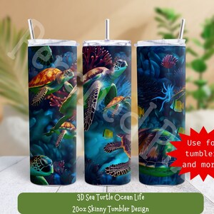Sea Turtle Ocean Life 20oz Sublimation Tumbler Designs, 3D Ocean Blue 9.2&quot; x 8.3” Straight Skinny Tumbler Wrap PNG, JPG, Sublimation Design