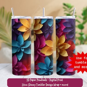 3D Paper Pinwheels 20 oz Skinny Tumbler Sublimation Wrap Design For Straight Tumbler, Festive, Colorful, MultiPurpose JPG PNG, Digital File