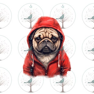 Coole mopshond in een rode hoodie png, instant digitale download, hond moeder huisdier dier png, T-shirtontwerp, journaling, kunst aan de muur, plakboeken, ambachten